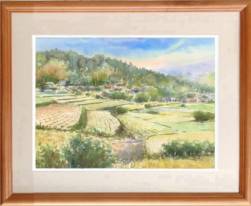 客製原創水彩畫日本秋天的梯田