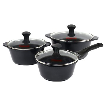 Kitchen-Art 陶瓷湯鍋三件組 附鍋蓋  18公分單柄鍋 + 20公分雙柄鍋 + 24公分雙柄鍋  黑色  1組