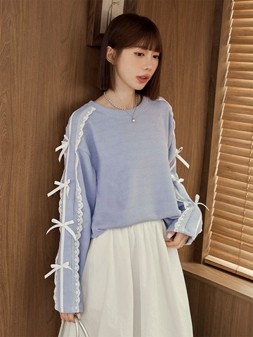 蕾絲邊蝴蝶結造型袖針織大學T