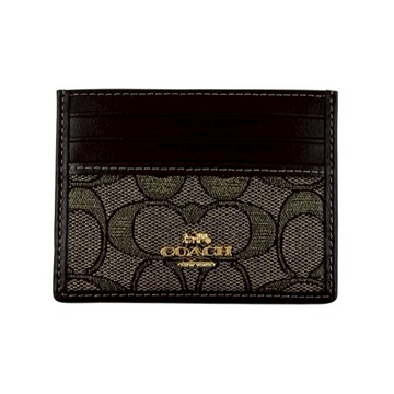 [平輸版] 【COACH】金銀紗緹花C LOGO拼接黑色素面皮革雙面名片/票卡夾 真品平輸