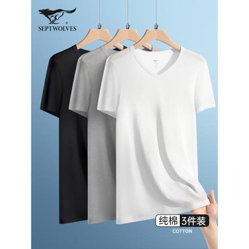 七匹狼男士短袖t恤男生純棉秋冬男款全棉白色內衣男式V領打底衫潮