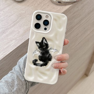 天使貓咪 蘋果手機殼 iPhone11 12 13 14 15 16 17 立體隕石紋 升級大孔耐磨防摔軟殼