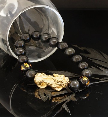 六字大明咒 10mm 黑曜石 + 精鋼貔貅手鍊