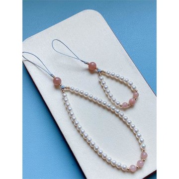 溫柔甜美風人造珍珠橙月光石手機鏈掛件掛繩防丟女款文藝手腕禮物