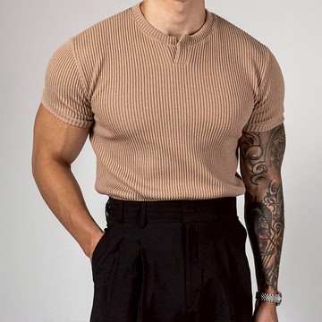 正韓肌肉款羅紋亨利領針織短袖上衣 5色 YUPPIE 預購商品 0819