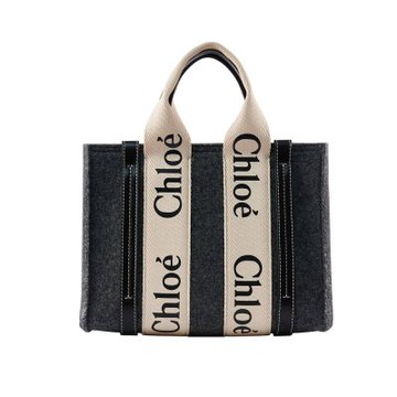 Chloe蔻依 WOODY 經典品牌LOGO毛呢手提/肩背托特包(深灰/小號)