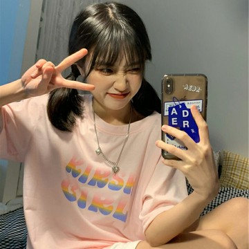 美式復古粉色短袖T恤女夏裝2022年新款韓版潮寬松ins潮別致上衣服