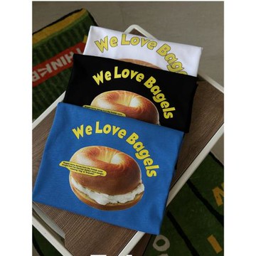 bagels美式休閑貝果面包短袖T恤純棉男女款簡約食物印花半袖TEE