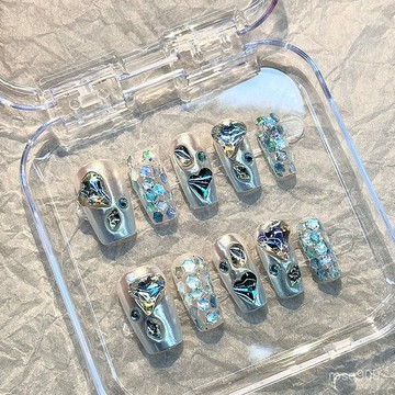 💟加一手工甲💅🏻新款未來感帶鑽穿戴甲高端穿戴式美甲店專用方形中長款手工甲片純手工穿戴甲 CY0G