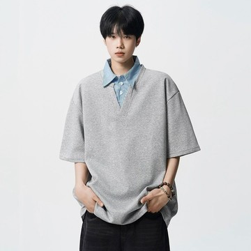 假兩件POLO襯衫領短袖t恤男春夏季美式潮牌寬鬆拼接半袖休閒上衣