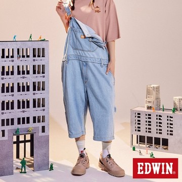 EDWIN 男裝 橘標 寬版吊帶牛仔短褲-重漂藍