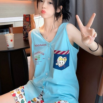 睡衣 休閒背心睡裙 仿棉睡衣 可外穿 學生睡衣 寬鬆睡衣 純欲睡衣 家居服  甜美卡通 短袖短褲 兩件套 睡衣套裝