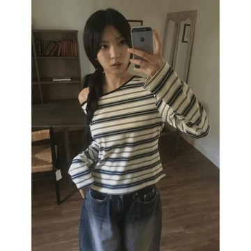 Codibook｜韓國 wonderwonder 不對稱單肩條紋長袖T恤［預購］長袖上衣 T恤 女裝