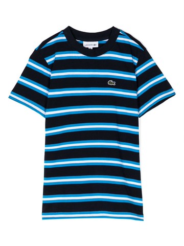Lacoste Kids - logo-patch striped cotton T-shirt - kids - Organic Cotton - 6 yrs - Blue