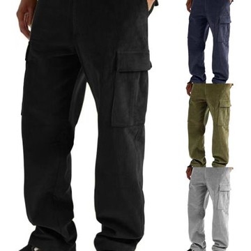 秋冬純色薄款燈芯絨多口袋直筒褲休閑寬松長褲Men's casual pants