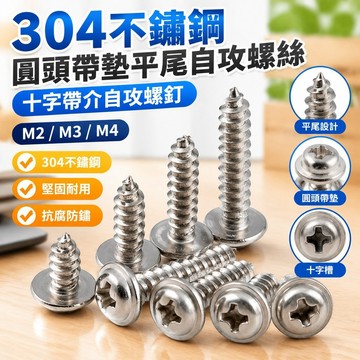 🚚台灣熱賣免運⚡️304不鏽鋼圓頭帶墊平尾自攻螺絲十字帶介自攻螺釘M2/M3/M4