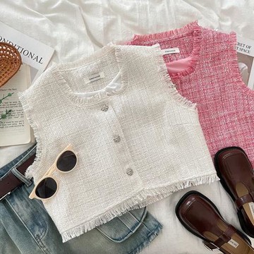 小香風氣質百搭毛須邊方領粗花呢單排扣無袖背心馬甲外套上衣女