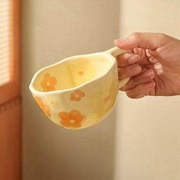 韓系奶油 手捏不規則陶瓷馬克杯300ml-橘