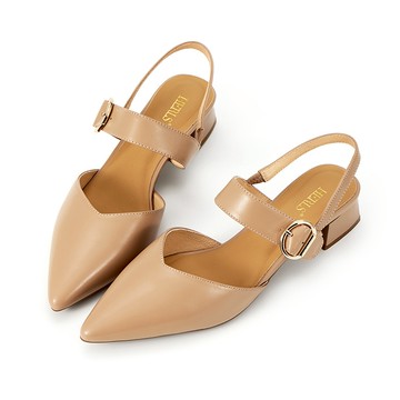 全真皮時尚金釦V口後拉帶低跟鞋 奶茶色