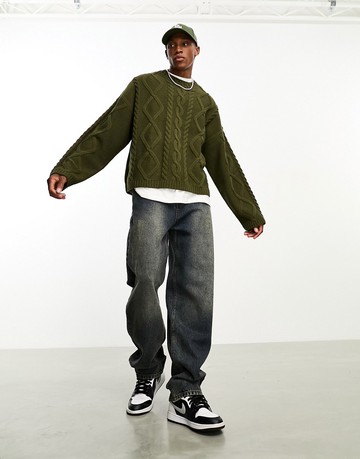 ASOS DESIGN wool mix heavyweight knitted cable jumper in khaki-Green