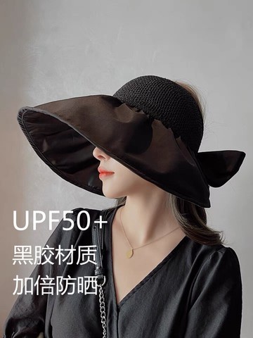 日本黑膠鏤空空頂漁夫帽馬尾大帽檐遮陽百搭防曬帽太陽帽子女夏季