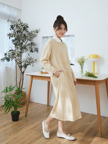 日系純棉素色設計感長洋裝