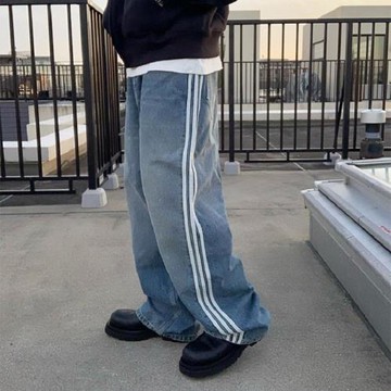 原創自主 23ss聯名條紋拼接水洗廓形休閑寬松牛仔褲高街男女同款