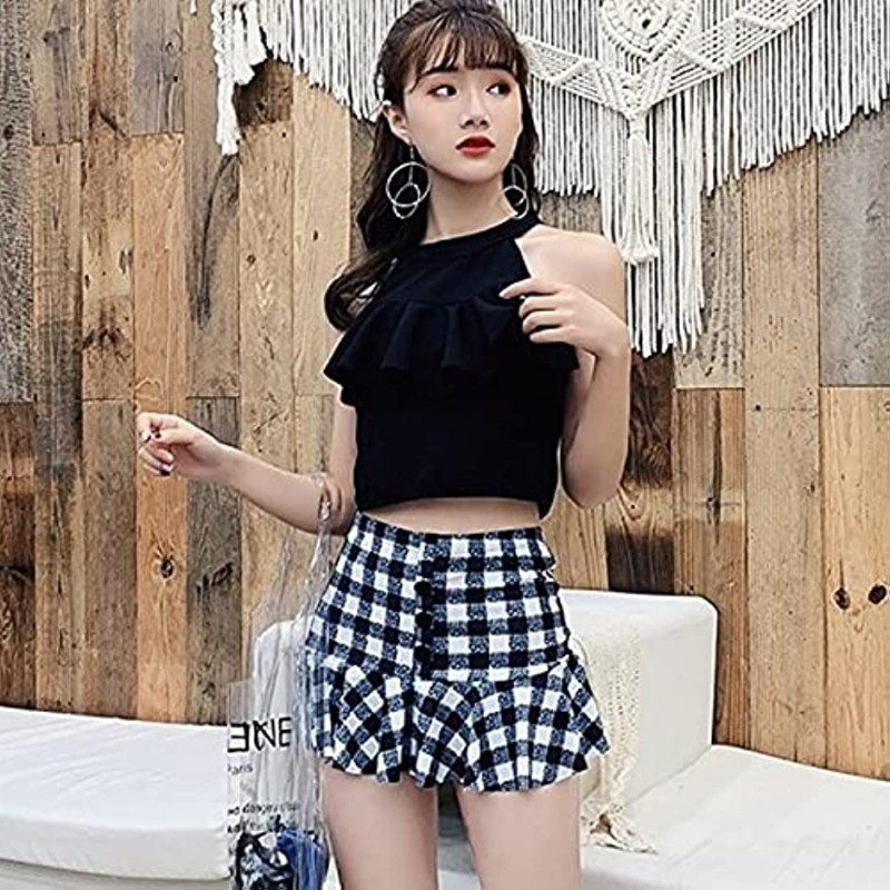 水着 black plaid shorts-