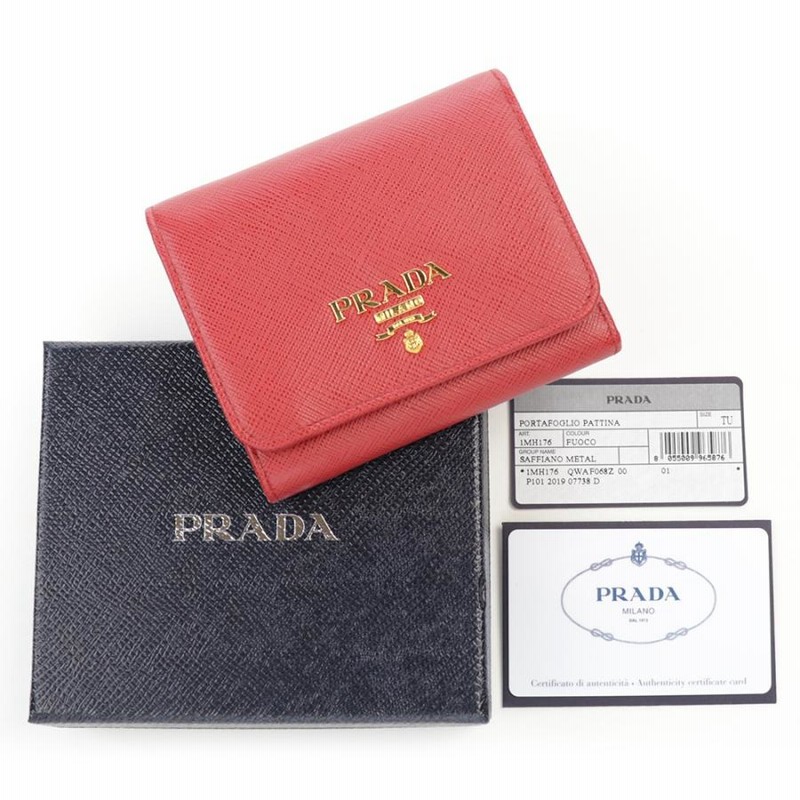 プラダ 財布 三つ折り PRADA フォーコ レッド ミニ財布 コンパクトウォレット サフィアーノ メタル レザー 本革 豆財布 スマート  キャッシュレス 1MH176 | LINEショッピング