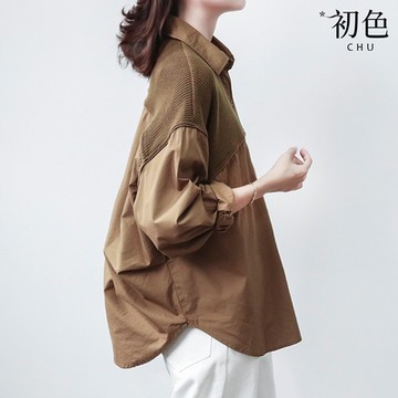 初色 慵懶風寬鬆拼接燈芯絨翻領長袖襯衫上衣女上衣-共3色-33715(M-2XL可選)