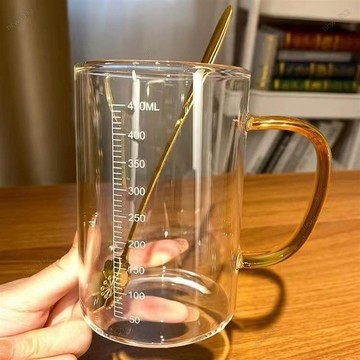 網路爆款⚡耐高溫玻璃量杯 刻度量杯 ins風玻璃杯子帶蓋帶把帶刻度耐高溫家用喝水杯女生高顏值早餐杯 比例杯 用量杯