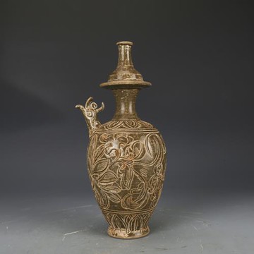 仿古瓷器宋耀州窯青釉刻花淨水瓶