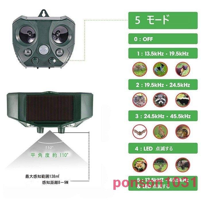 猫よけ超音波動物撃退器ソーラーUSB充電検知感度調節可能害獣駆除強力フラッシュライト糞尿獣害鳥害犬ネズミコウモリ等対策IPX4防水