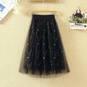 半身裙a字裙蕾絲網紗裙繡花裙A字大擺裙中長款過膝長裙仙女時尚百搭蓬蓬裙春夏【倪醬】