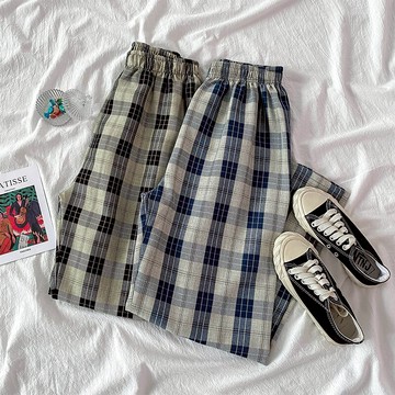 學生格子休閑甜酷褲子夏季新款韓版高腰顯瘦寬松直筒闊腿褲女