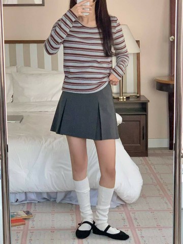 韓國東大門正品 秋冬 百搭簡約 條紋 圓領長袖 內搭 針織 高彈性 上衣