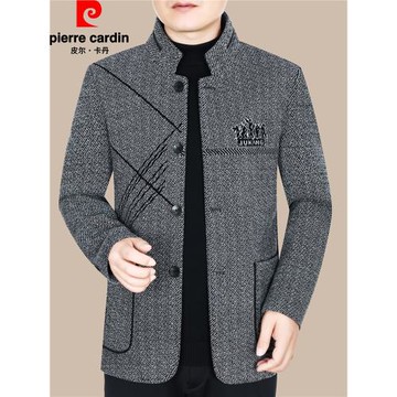 春秋冬季新款皮爾卡丹中年立領男士夾克羊毛呢外套加絨厚爸爸男裝