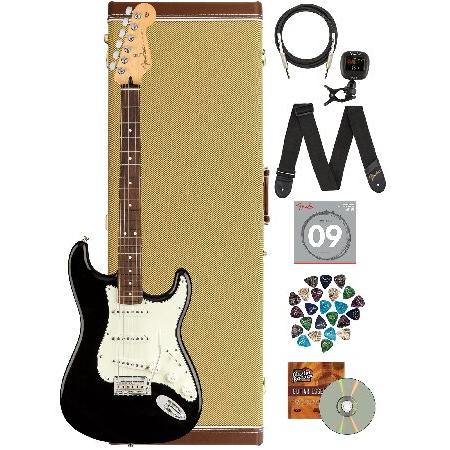 Fender Player Stratocaster(R) Black Bundle w Premium Tweed Case, Cable, Tuner, Strap, Strings, Picks, and Austin Bazaar Guitar Essentials DVD