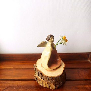 娃娃香插燭台-天使香插燭座-小花插-手作陶-香插座