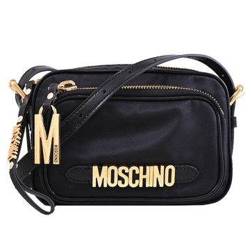 MOSCHINO 金屬LOGO尼龍前口袋迷你斜背相機包.黑