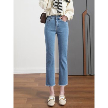 淺藍色直筒牛仔褲女高腰顯瘦彈力2025秋冬新款八九分小個子煙管褲