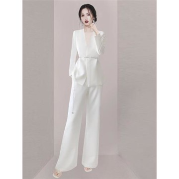 簡約通勤高級白色職業裝西裝外套闊腿褲兩件套裝主持人年會禮服女