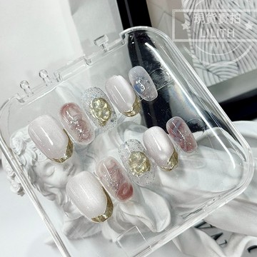 可隔日到貨！臉紅 純手工貓眼穿戴甲 漸變粉 鎏金貓眼 可拆卸手工甲 光療甲片 美甲貼片 假指甲 指甲貼 韓國美甲