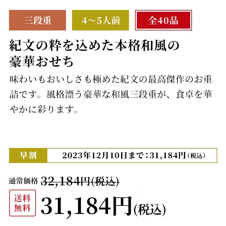 おせち お節 御節 おせち料理2024 冷蔵・生詰め 予約 紀文 三段重「正月」 盛付済 4-5人前 送料無料