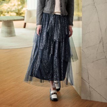ILEY伊蕾 閃耀層次蛋糕網紗中長裙(深藍；M-XL)