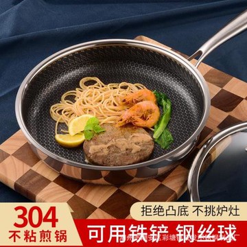 304三層鋼不銹鋼煎鍋不粘鍋加厚平底鍋蜂窩不沾炒鍋禮品鍋具