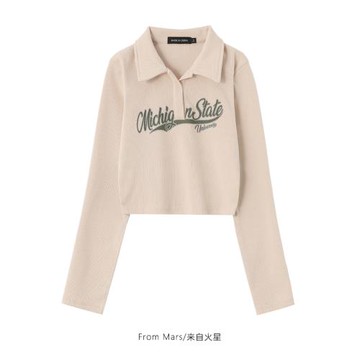 From Mars 美式復古字母印花翻領長袖T恤潮ins修身豎條紋短款上衣