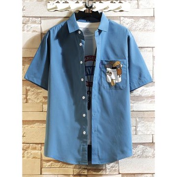 日系襯衫男休閑百搭短袖潮流ins原宿港風夏季青少年卡通印花寸衣