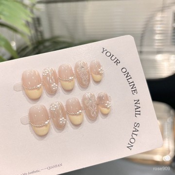 ✨Hannah✨【元氣少女】手繪飄帶純手工穿戴甲高貨精品顯白短款美甲片假指甲精緻穿戴甲 2RG2