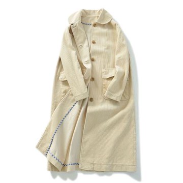 純棉燈芯絨風衣 翻領中長款長袖外套 文藝休閑條絨大衣女秋冬290